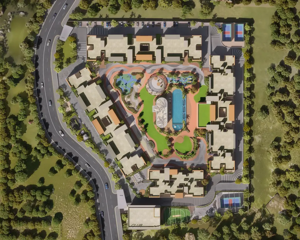 Park Pebbles master layout showing towers, podium, pools, courts and clubhouse
